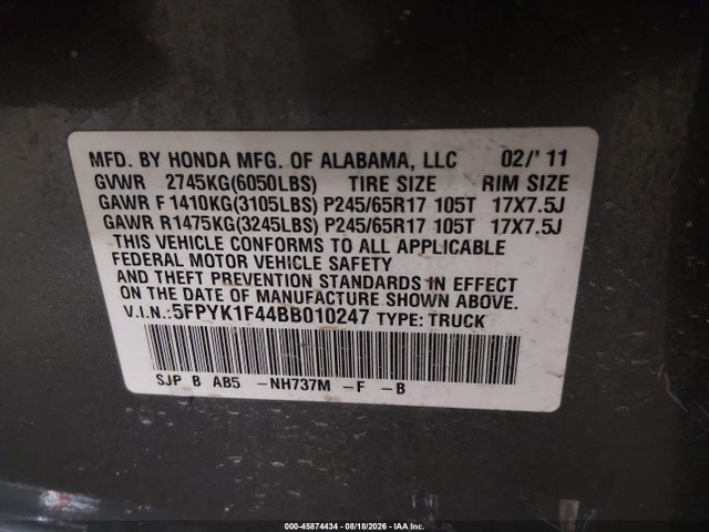 Продажа на аукционе авто 2011 Honda Ridgeline Rts, vin: 5FPYK1F44BB010247, номер лота: 45874434