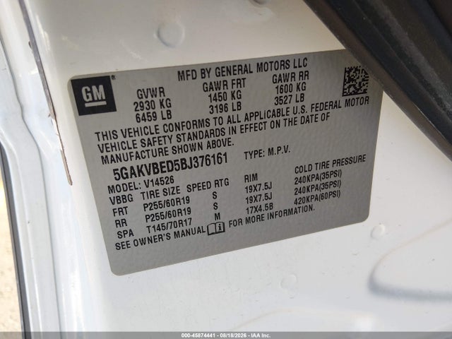 2011 Buick Enclave 1xl მანქანა იყიდება აუქციონზე, vin: 5GAKVBED5BJ376161, აუქციონის ნომერი: 45874441