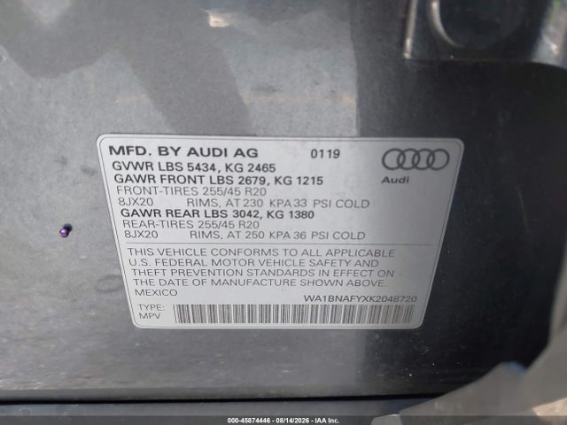 Продаж на аукціоні авто 2019 Audi Q5 45 Premium, vin: WA1BNAFYXK2048720, номер лоту: 45874446