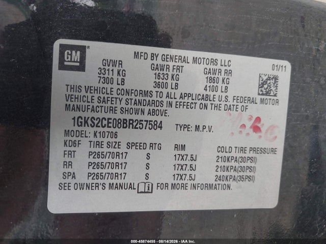 45874455 :رقم المزاد ، 1GKS2CE08BR257584 vin ، 2011 Gmc Yukon Slt مزاد بيع