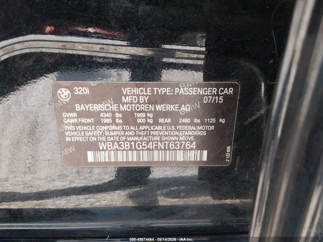 Продажа на аукционе авто 2015 Bmw 320i, vin: WBA3B1G54FNT63764, номер лота: 45874464
