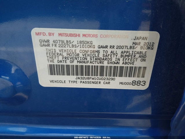 2012 Mitsubishi Lancer Gt მანქანა იყიდება აუქციონზე, vin: JA32U8FW1CU023290, აუქციონის ნომერი: 45874472