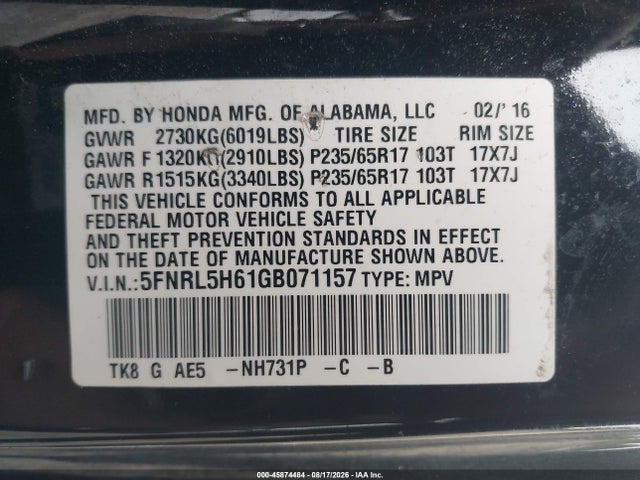 5FNRL5H61GB071157 Honda Odyssey Ex-l