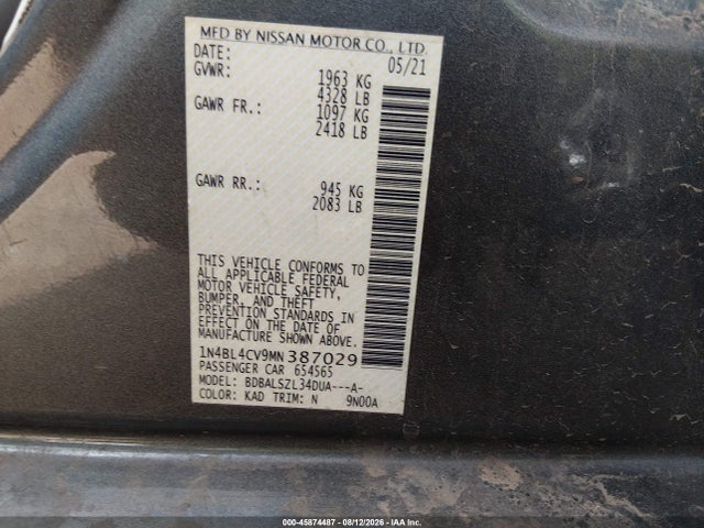 Продажа на аукционе авто 2021 Nissan Altima Sr Fwd, vin: 1N4BL4CV9MN387029, номер лота: 45874487