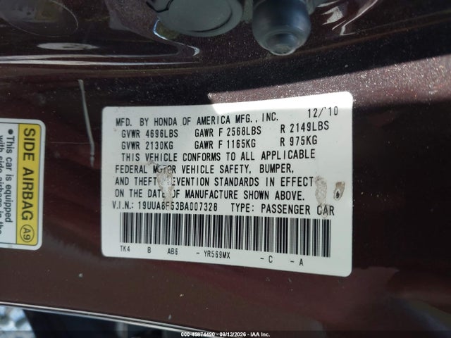 2011 Acura Tl 3.5 მანქანა იყიდება აუქციონზე, vin: 19UUA8F53BA007328, აუქციონის ნომერი: 45874490