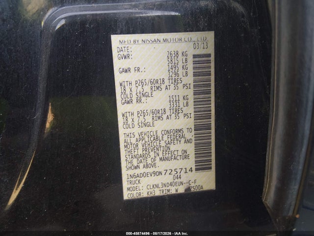 2013 Nissan Frontier Sl მანქანა იყიდება აუქციონზე, vin: 1N6AD0EV9DN725714, აუქციონის ნომერი: 45874496