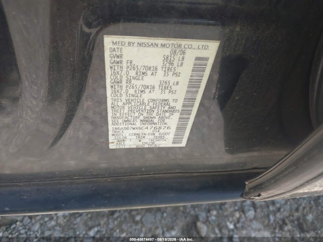 2006 Nissan Frontier Se მანქანა იყიდება აუქციონზე, vin: 1N6AD07WX6C476876, აუქციონის ნომერი: 45874497