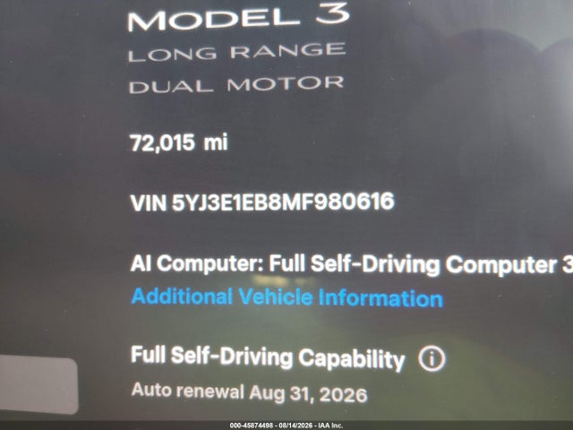 Tesla Model 3 Long Range Dual Motor All-wheel Drive 2021 5YJ3E1EB8MF980616 Image 15
