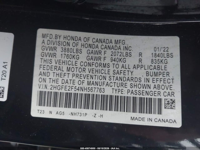 Продажа на аукционе авто 2022 Honda Civic Sport, vin: 2HGFE2F54NH567763, номер лота: 45874500