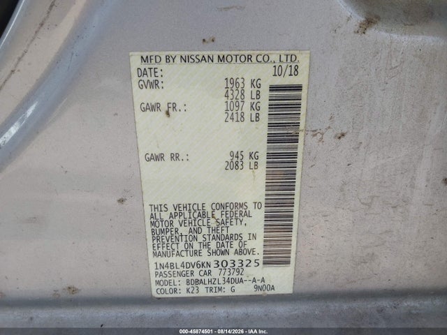 Aukcja sprzedaży 2019 Nissan Altima 2.5 Sv, vin: 1N4BL4DV6KN303325, numer aukcji: 45874501