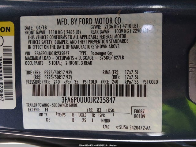 2018 Ford Fusion Hybrid S მანქანა იყიდება აუქციონზე, vin: 3FA6P0UU0JR235847, აუქციონის ნომერი: 45874505