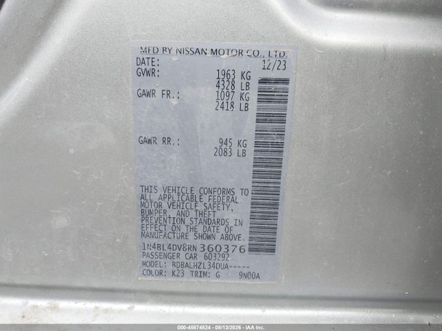 45874524 :رقم المزاد ، 1N4BL4DV8RN360376 vin ، 2024 Nissan Altima Sv Fwd مزاد بيع