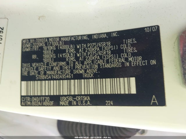 45874526 :رقم المزاد ، 5TBBV54148S495461 vin ، 2008 Toyota Tundra Sr5 5.7l V8 مزاد بيع