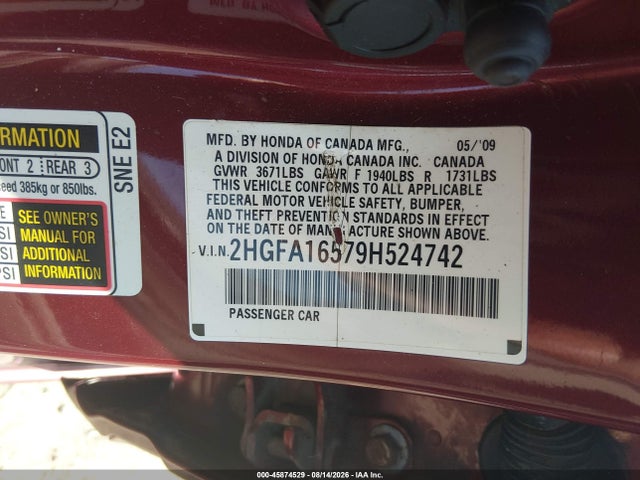 2009 Honda Civic Lx მანქანა იყიდება აუქციონზე, vin: 2HGFA16579H524742, აუქციონის ნომერი: 45874529