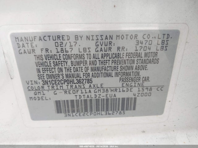 2017 Nissan Versa Note Sv მანქანა იყიდება აუქციონზე, vin: 3N1CE2CP0HL362785, აუქციონის ნომერი: 45874535