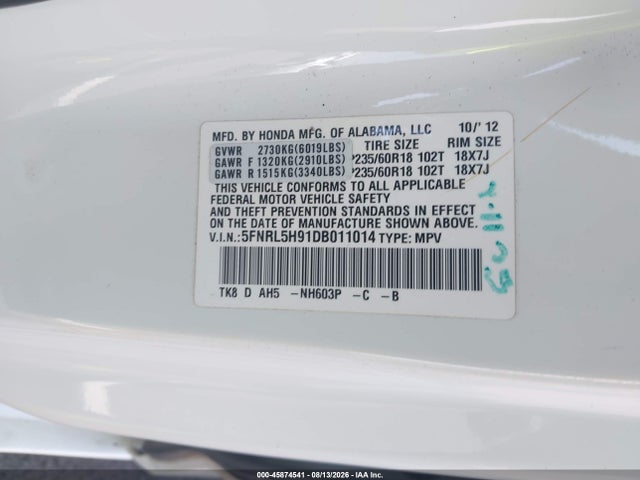 2013 Honda Odyssey Touring/touring Elite მანქანა იყიდება აუქციონზე, vin: 5FNRL5H91DB011014, აუქციონის ნომერი: 45874541