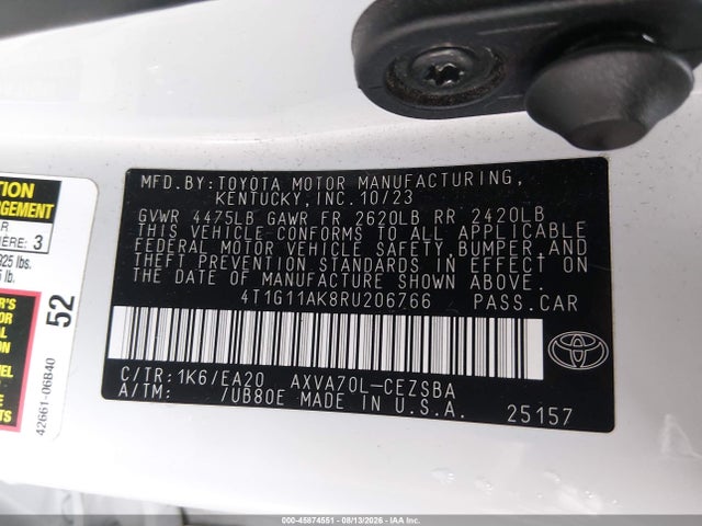 Продажа на аукционе авто 2024 Toyota Camry Se, vin: 4T1G11AK8RU206766, номер лота: 45874551
