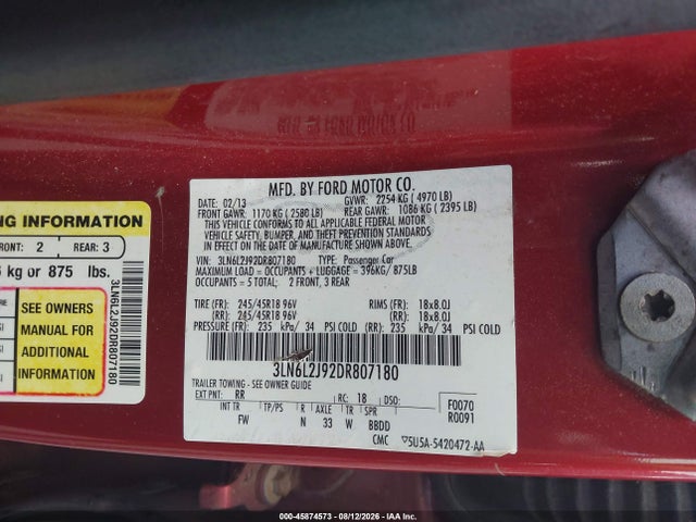 45874573 :رقم المزاد ، 3LN6L2J92DR807180 vin ، 2013 Lincoln Mkz مزاد بيع
