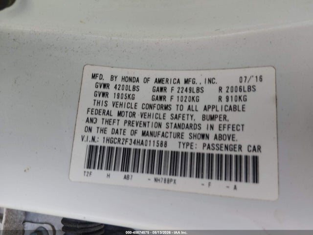 Продаж на аукціоні авто 2017 Honda Accord Lx, vin: 1HGCR2F34HA011588, номер лоту: 45874575