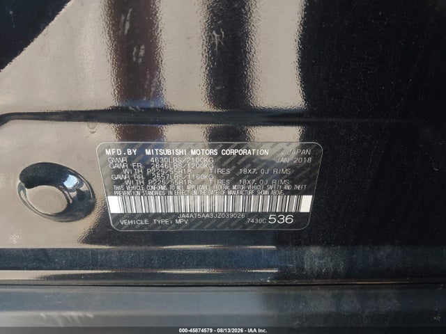 Aukcja sprzedaży 2018 Mitsubishi Eclipse Cross Se, vin: JA4AT5AA3JZ039026, numer aukcji: 45874579