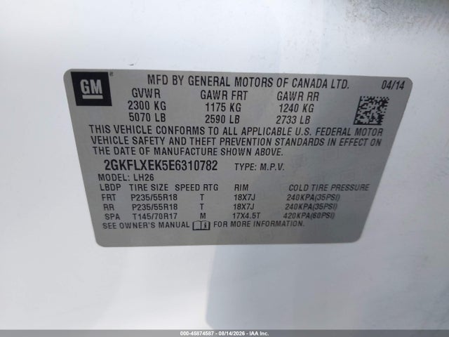 Aukcja sprzedaży 2014 Gmc Terrain Slt-1, vin: 2GKFLXEK5E6310782, numer aukcji: 45874587