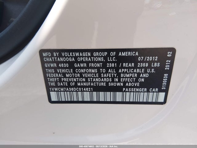 Продаж на аукціоні авто 2013 Volkswagen Passat 3.6l V6 Sel Premium, vin: 1VWCM7A36DC014621, номер лоту: 45874602