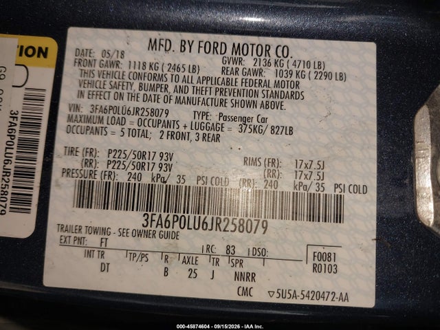 Продаж на аукціоні авто 2018 Ford Fusion Hybrid Se, vin: 3FA6P0LU6JR258079, номер лоту: 45874604