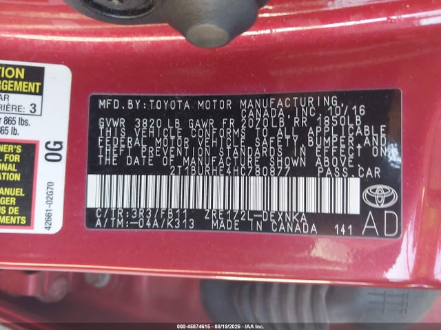 Aukcja sprzedaży 2017 Toyota Corolla Le, vin: 2T1BURHE4HC780877, numer aukcji: 45874615