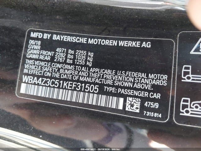 Aukcja sprzedaży 2019 Bmw 430i Xdrive, vin: WBA4Z3C51KEF31505, numer aukcji: 45874621