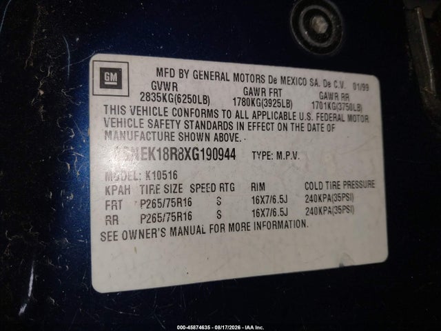 Продажа на аукционе авто 1999 Chevrolet Tahoe, vin: 3GNEK18R8XG190944, номер лота: 45874635