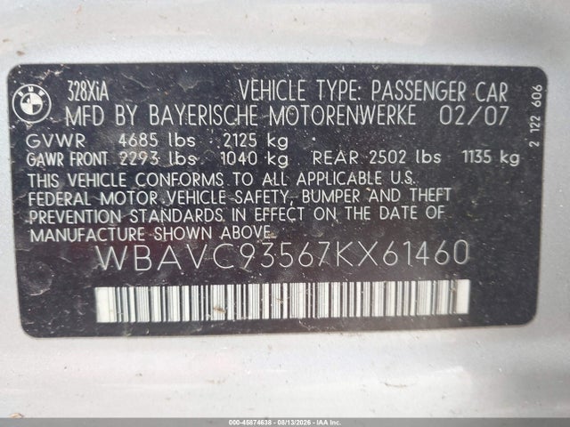2007 Bmw 328xi მანქანა იყიდება აუქციონზე, vin: WBAVC93567KX61460, აუქციონის ნომერი: 45874638