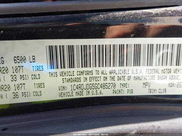 Продаж на аукціоні авто 2016 Dodge Durango Limited, vin: 1C4RDJDG5GC485270, номер лоту: 45874641