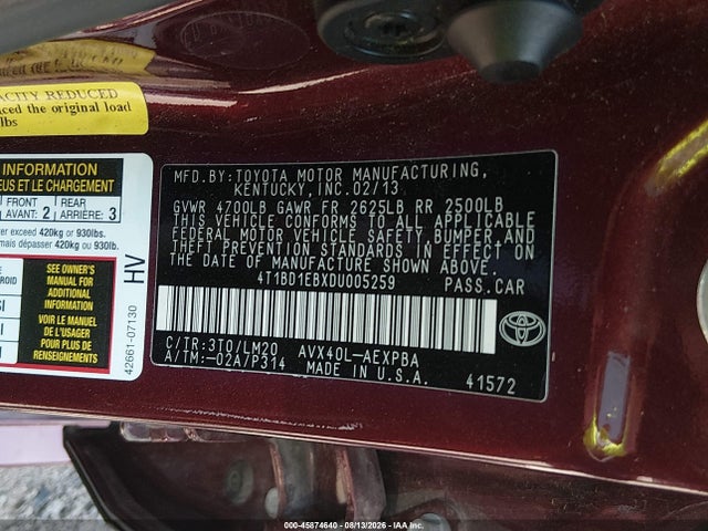 Продажа на аукционе авто 2013 Toyota Avalon Hybrid Limited, vin: 4T1BD1EBXDU005259, номер лота: 45874640