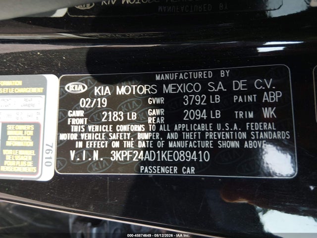 Продаж на аукціоні авто 2019 Kia Forte Lxs, vin: 3KPF24AD1KE089410, номер лоту: 45874649