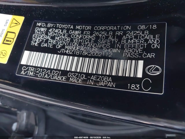 45874656 :رقم المزاد ، JTHBZ1B18K2002112 vin ، 2019 Lexus Es 350 مزاد بيع