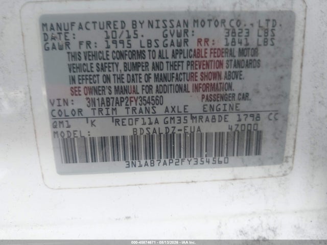 Aukcja sprzedaży 2015 Nissan Sentra Sv, vin: 3N1AB7AP2FY354560, numer aukcji: 45874671
