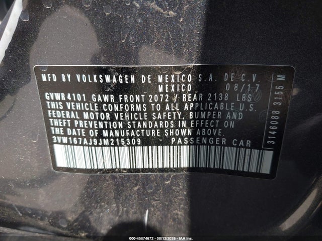 Aukcja sprzedaży 2018 Volkswagen Jetta 1.4t S, vin: 3VW167AJ9JM215309, numer aukcji: 45874672