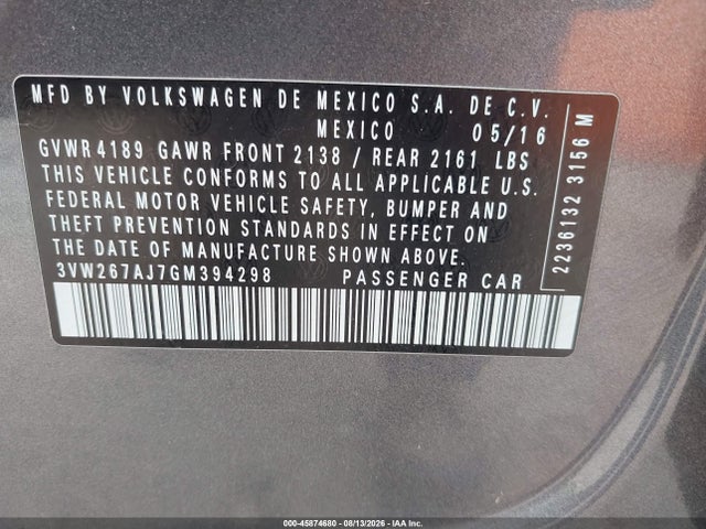 2016 Volkswagen Jetta 1.4t S მანქანა იყიდება აუქციონზე, vin: 3VW267AJ7GM394298, აუქციონის ნომერი: 45874680