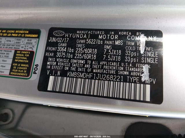 Продажа на аукционе авто 2018 Hyundai Santa Fe Se, vin: KM8SMDHF1JU268221, номер лота: 45874687