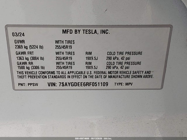 45874689 :رقم المزاد ، 7SAYGDEE6RF051109 vin ، 2024 Tesla Model Y Long Range Dual Motor All-wheel Drive مزاد بيع