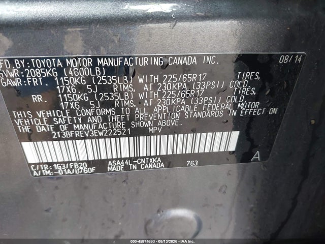 45874693 :رقم المزاد ، 2T3BFREV3EW222521 vin ، 2014 Toyota Rav4 Le مزاد بيع