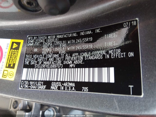 45874695 :رقم المزاد ، 5TDJZRFH2JS897073 vin ، 2018 Toyota Highlander Se مزاد بيع