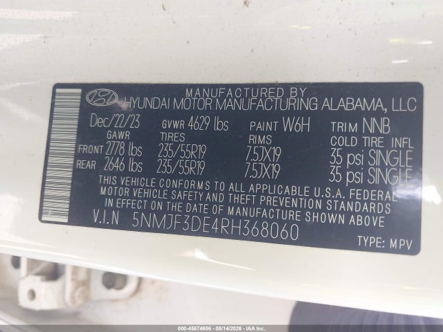 2024 Hyundai Tucson Sel მანქანა იყიდება აუქციონზე, vin: 5NMJF3DE4RH368060, აუქციონის ნომერი: 45874696