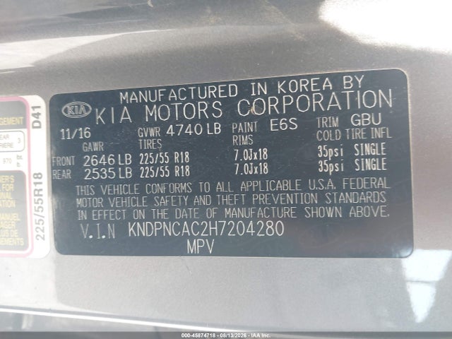 Aukcja sprzedaży 2017 Kia Sportage Ex, vin: KNDPNCAC2H7204280, numer aukcji: 45874718