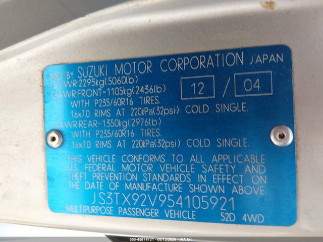 45874721 :رقم المزاد ، JS3TX92V954105921 vin ، 2005 Suzuki Xl-7 Ex/lx مزاد بيع