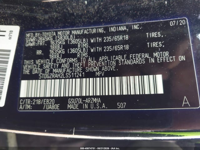 5TDGZRAH2LS511241 Toyota Highlander Xle