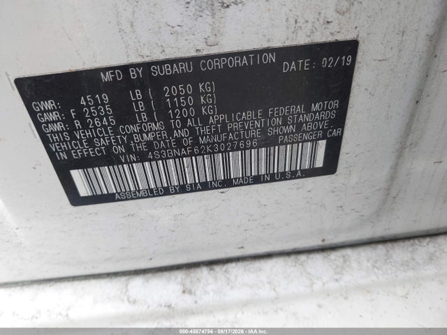 45874756 :رقم المزاد ، 4S3BNAF62K3027696 vin ، 2019 Subaru Legacy 2.5i Premium مزاد بيع