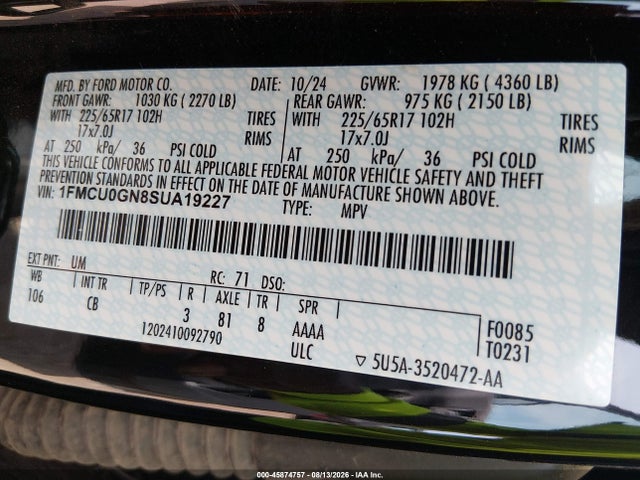 Продаж на аукціоні авто 2025 Ford Escape Active, vin: 1FMCU0GN8SUA19227, номер лоту: 45874757