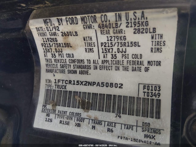 45874765 :رقم المزاد ، 1FTCR15X2NPA50802 vin ، 1992 Ford Ranger Super Cab مزاد بيع