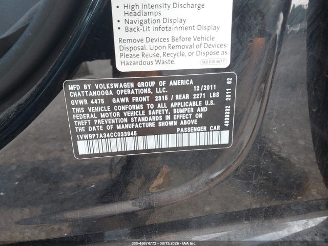 2012 Volkswagen Passat 2.5l Se მანქანა იყიდება აუქციონზე, vin: 1VWBP7A34CC033945, აუქციონის ნომერი: 45874772